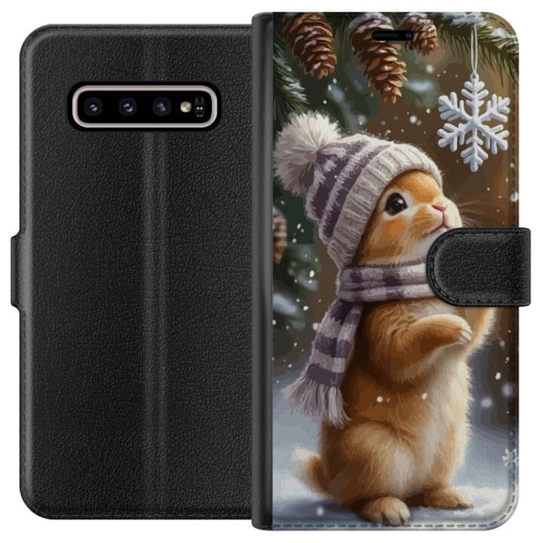 Kompatibelt Plånboksfodral till Samsung Galaxy S10+ Vinterkanin med mössa och halsduk beundrar snöflinga charmigt vintermotiv fyllt med julkänsla