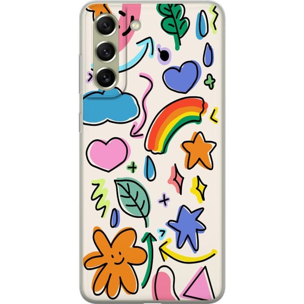 Kompatibel Mobilcover til Samsung Galaxy S21 FE 5G Doodle-illustration med stjerner, hjerter, regnbue, skyer, blade og pile – perfekt til dig, der ka