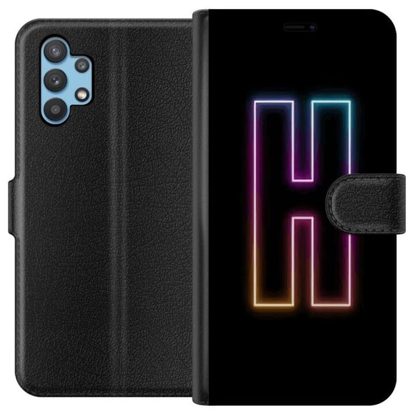 Kompatibel Tegnebogsetui til Samsung Galaxy A32 5G Minimalistisk neonbogstav H i farveskiftende lys mod sort baggrund