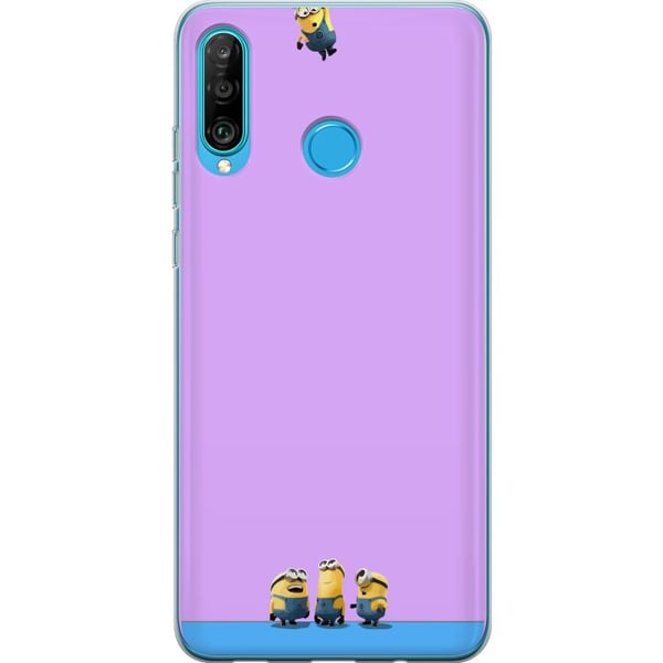 Kompatibel Mobilcover til Huawei P30 lite Minions-illustration med lilla og blå baggrund, humoristisk filmtema for fans af sjove karakterer
