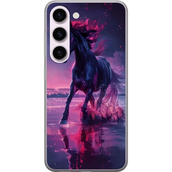 Kompatibel Mobilcover til Samsung Galaxy S23 Elegant sort hest, der løber gennem vand i lilla og lyserødt lys med en magisk stemning Kompatibel Mobilcover til Samsung Galaxy S23 Elegant sort hest, der løber gennem vand i lilla og lyserødt lys med en magisk stemning