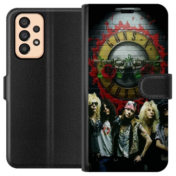 Yhteensopiva Lompakkokotelo Samsung Galaxy A33 5G Guns N' Roses -yhtye logon edessä, klassinen rock-aihe aidolla 80-luvun tunnelmalla