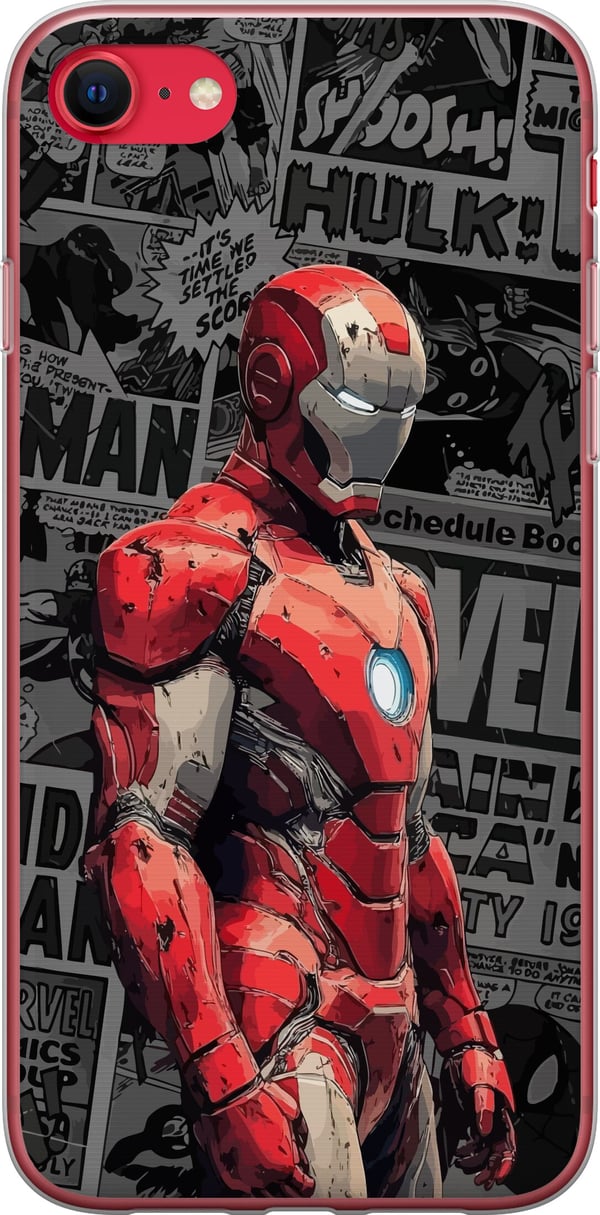 Yhteensopiva Puhelinkuori Apple iPhone SE (2022) Iron Man -kuvitus punaisessa haarniskassa sarjakuvataustalla, vaikuttava aihe elokuvafaneille