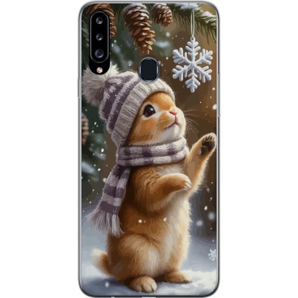 Kompatibelt Mobilskal till Samsung Galaxy A20s Vinterkanin med mössa och halsduk beundrar snöflinga charmigt vintermotiv fyllt med julkänsla