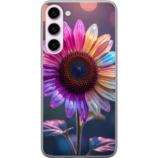 Kompatibel Mobilcover til Samsung Galaxy S23+ Skinnende iriserende blomst i rosa, lilla og guld mod blød bokeh og lysspil