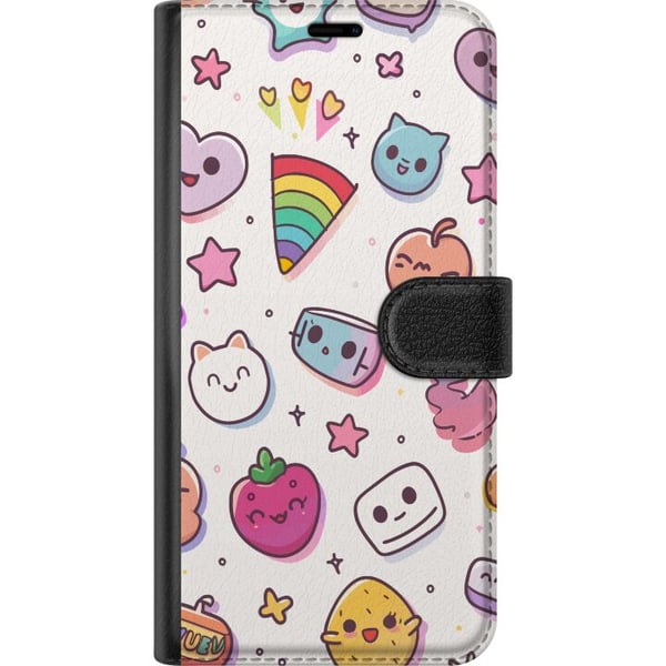 Kompatibelt Plånboksfodral till Samsung Galaxy A20e Kawaii doodle collage med söta figurer frukter stjärnor hjärtan pastellfärger och lekfull tecknad