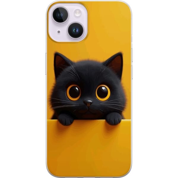 Kompatibelt Mobilskal till Apple iPhone 14 Plus Söt svart katt med stora ögon på gul bakgrund – minimalistisk djurillustration med varm färg och mjuk