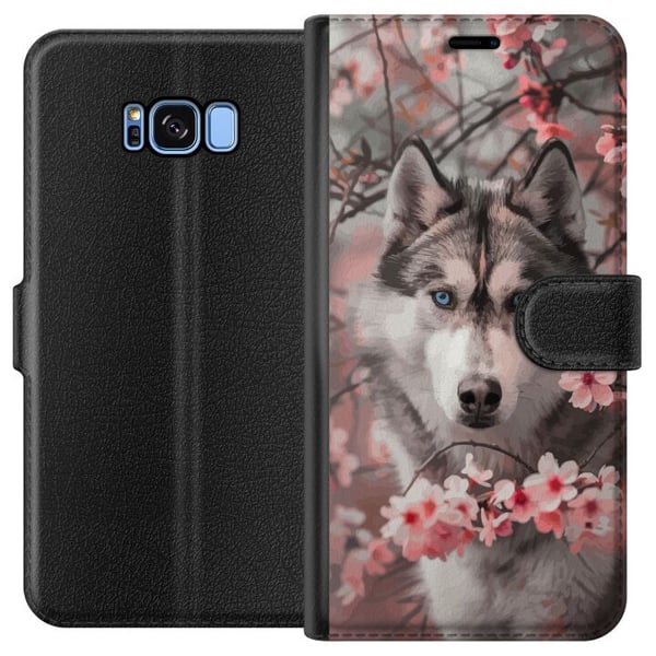 Kompatibelt Plånboksfodral till Samsung Galaxy S8 Husky med blå ögon bland rosa körsbärsblommor – vackert, naturinspirerat och detaljrikt motiv.