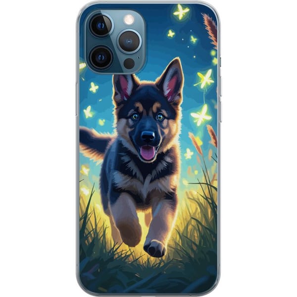 Kompatibelt Mobilskal till Apple iPhone 12 Pro Valp german shepherd dog poster hund puppy springer äng fjärilar cute animal illustration night art