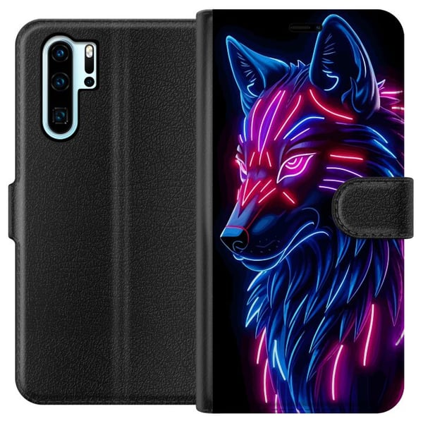 Kompatibelt Lommeboketui til Huawei P30 Pro Neonbelyst ulv i blått og rosa lys med futuristisk cyberpunkfølelse