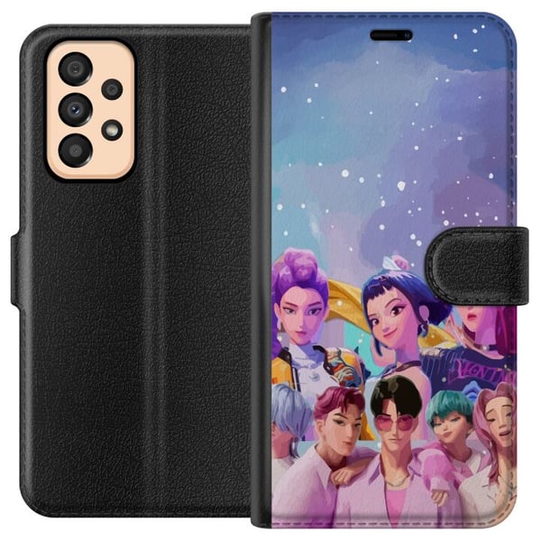 Yhteensopiva Lompakkokotelo Samsung Galaxy A33 5G HuntrX Collab -kuvio, jossa on värikkäitä K-pop-hahmoja modernissa futuristisessa tyylissä kimaltel
