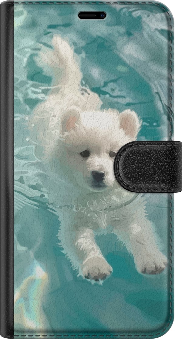 Kompatibelt Plånboksfodral till Samsung Galaxy S21 Hundvalp i vatten vit puppy dog swimming pool blå turkos sommarmotiv cute pet illustration design