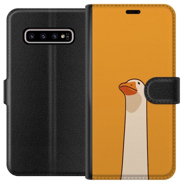 Kompatibel Tegnebogsetui til Samsung Galaxy S10+ Minimalistisk gåseillustration på varm gul baggrund – humoristisk dyredesign i moderne og rolig cart