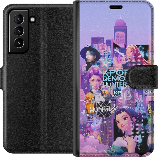 Yhteensopiva Lompakkokotelo Samsung Galaxy S21+ 5G KPop Demon Hunters -syntymäpäiväaihe, jossa KPop-hahmot ovat neonvaloissa ja värikkäässä juhlateem
