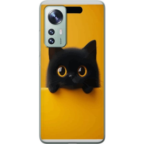 Kompatibel Mobilcover til Xiaomi 12 Sort kat, der kigger op over kanten – ren og trendy illustration med et legende udtryk og store øjne