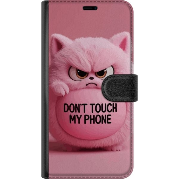 Kompatibelt Plånboksfodral till Samsung Galaxy A20e Humoristisk rosa katt med texten Don’t Touch My Phone ett roligt trendigt motiv som passar perfek