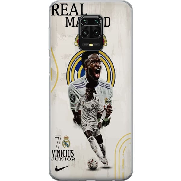 Kompatibel Mobilcover til Xiaomi Redmi Note 9S Real Madrid Vinícius Júnior med angriber i nummer 7-trøje klublogo hvid spilledragt energisk positur o