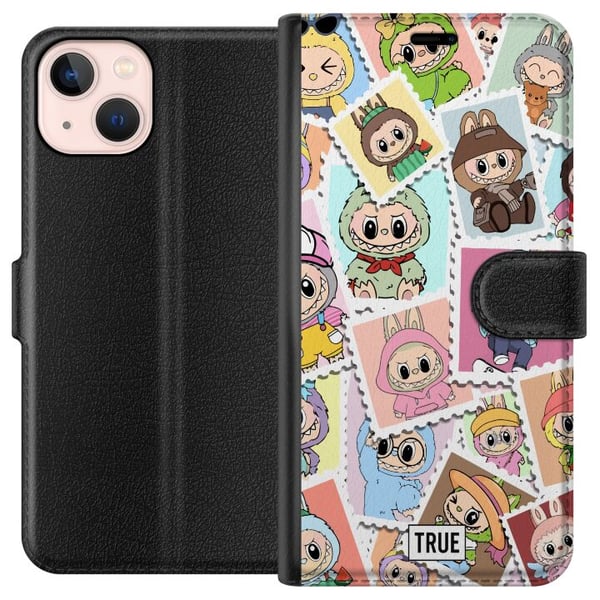 Yhteensopiva Lompakkokotelo Apple iPhone 13 mini Cute Stamp Squad – söpö keräilyaihe, jossa on värikkäitä eläinasuihin pukeutuneita hahmoja ja leikki