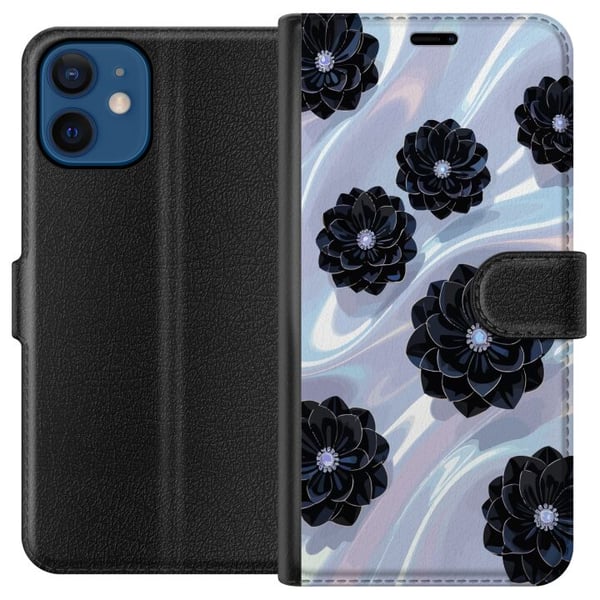 Kompatibelt Lommeboketui til Apple iPhone 12 Midnattblomstring svarte blomster på skimrende bakgrunn, elegant luksuriøst blomsterdesign i mørke toner