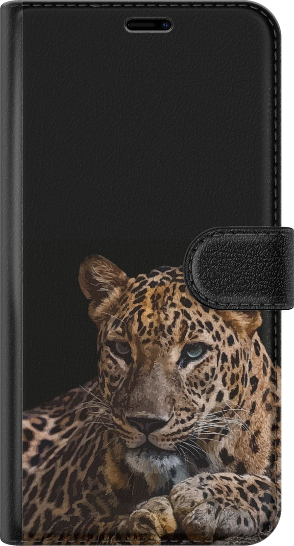 Kompatibel Tegnebogsetui til Samsung Galaxy A33 5G Stilren leopard i mørk kontrast med intense øjne – kraftfuldt og elegant dyredesign.