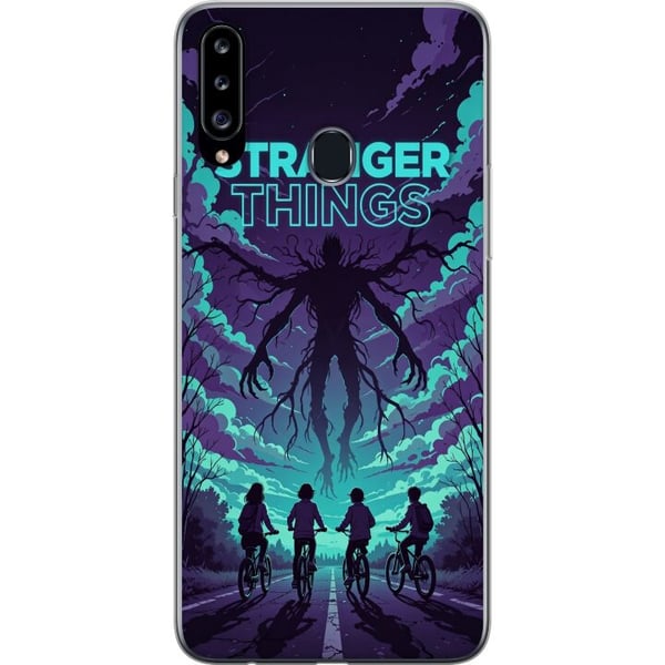 Kompatibelt Mobilskal till Samsung Galaxy A20s Stranger Things-inspirerad fantasyillustration med mörkt monster, cyklande barn och dramatisk röd himm