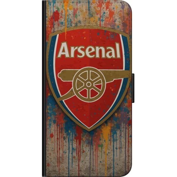 Kompatibelt Plånboksfodral till Samsung Galaxy A20s Arsenal konstmotiv i rött och vitt med färgstänk perfekt för fotbollsfans som älskar konst och sp