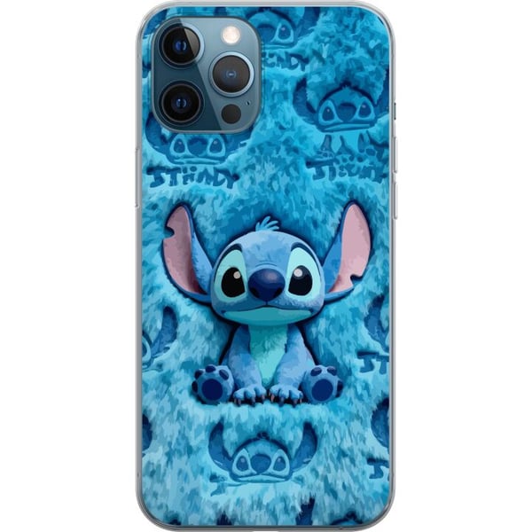 Kompatibelt Mobildeksel til Apple iPhone 12 Pro Stitch sitter på et fluffy blått mønster med ansiktet og ørene sine gjentatt som tekstur, noe som ska
