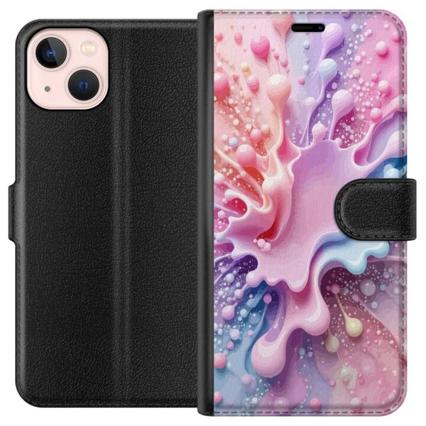Kompatibel Tegnebogsetui til Apple iPhone 13 mini Pastel-splashdesign – Abstrakt kunst i rosa, blåt og lilla farvemønster