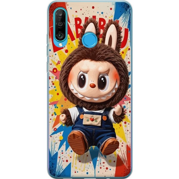 Kompatibelt Mobilskal till Huawei P30 lite Kanindräkt med busigt uttryck och serietidningsbakgrund som ger energisk lekfull popkulturell stil i färgs