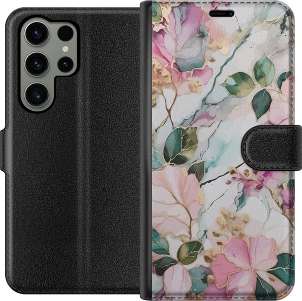 Kompatibel Tegnebogsetui til Samsung Galaxy S23 Ultra Pastelmarmor med blomster, blade og subtile gyldne detaljer i en blød komposition
