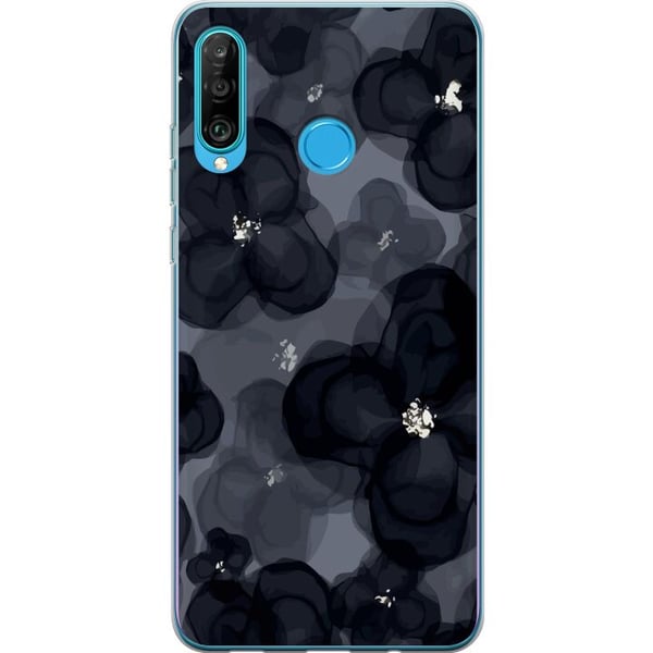 Kompatibelt Mobilskal till Huawei P30 lite Abstrakt mörkt blommönster i svartgrå toner med elegant dramatisk och modern känsla