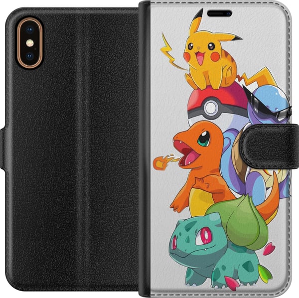 Kompatibel Tegnebogsetui til Apple iPhone XS Pokémon Pikachu Charmander Squirtle Bulbasaur – farverig Pokémon-stakillustration med fire populære figu