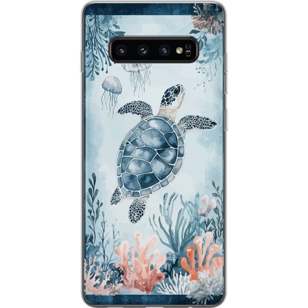 Kompatibelt Mobildeksel til Samsung Galaxy S10 Akvarell havskilpadde i rolig blått havet blant koraller og svømmende maneter