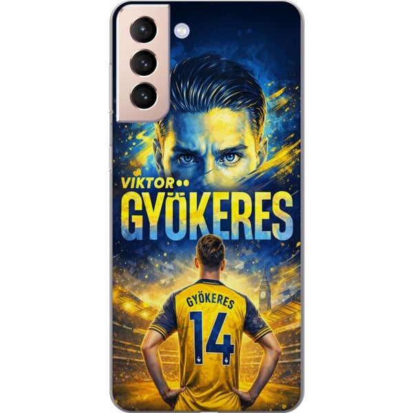 Kompatibelt Mobildeksel til Samsung Galaxy S21 Fotballplakat av Viktor Gyökeres i gulblå fargeskala med dramatisk stadionbakgrunn, sportsillustrasjon