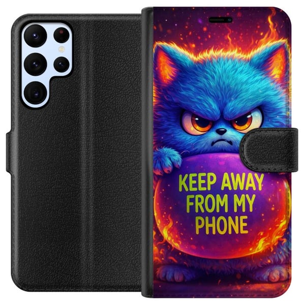 Kompatibelt Plånboksfodral till Samsung Galaxy S22 Ultra 5G Arg fluffig blå katt med texten Keep Away From My Phone i neonfärger och eldliknande effe Kompatibelt Plånboksfodral till Samsung Galaxy S22 Ultra 5G Arg fluffig blå katt med texten Keep Away From My Phone i neonfärger och eldliknande effe