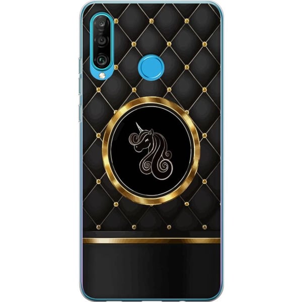 Kompatibelt Mobilskal till Huawei P30 lite Emblem med enhörning i svart och gyllene kontrast