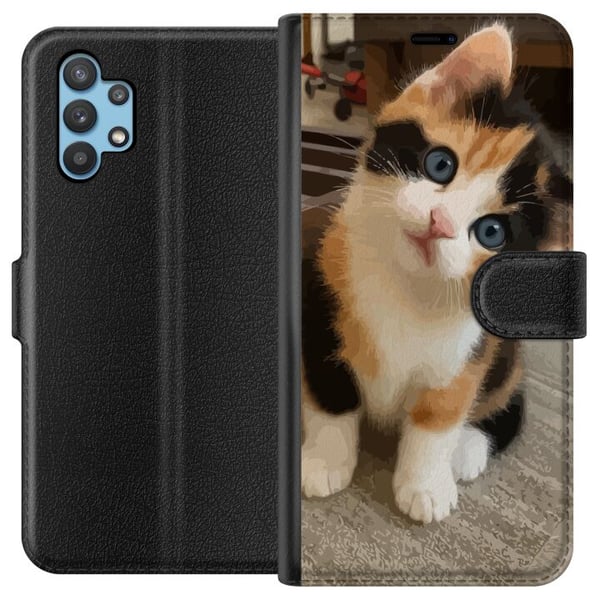 Kompatibelt Plånboksfodral till Samsung Galaxy A32 5G Trefärgad kattunge med blå ögon söt inomhusmiljö och charmigt uttryck perfekt för alla som gill Kompatibelt Plånboksfodral till Samsung Galaxy A32 5G Trefärgad kattunge med blå ögon söt inomhusmiljö och charmigt uttryck perfekt för alla som gill