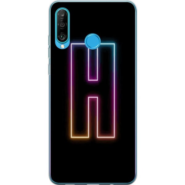 Kompatibelt Mobilskal till Huawei P30 lite Minimalistisk neonbokstav H i färgskiftande ljus mot svart bakgrund