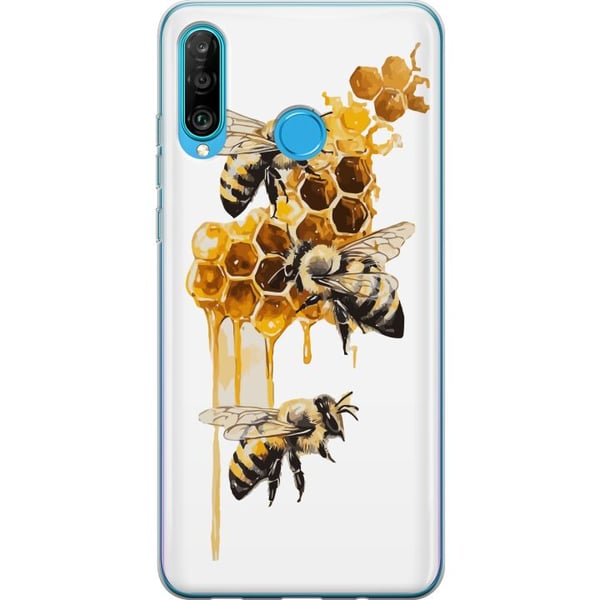 Kompatibelt Mobilskal till Huawei P30 lite Bin och honungskakor i gyllene färger naturinspirerad design med varm ton och sommarkänsla