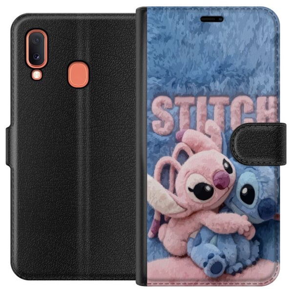 Kompatibelt Plånboksfodral till Samsung Galaxy A20e Fluffiga Stitch och Angel kramas på mjukt pälsigt underlag med pastellfärger som skapar varm gosi Kompatibelt Plånboksfodral till Samsung Galaxy A20e Fluffiga Stitch och Angel kramas på mjukt pälsigt underlag med pastellfärger som skapar varm gosi