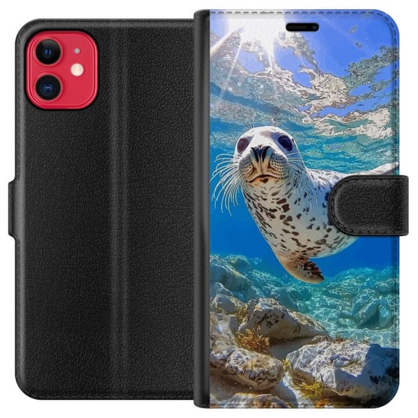 Kompatibelt Plånboksfodral till Apple iPhone 11 Säl Hav Simmande Djurmotiv Natur Vattenmotiv Blå Design Kompatibelt Plånboksfodral till Apple iPhone 11 Säl Hav Simmande Djurmotiv Natur Vattenmotiv Blå Design