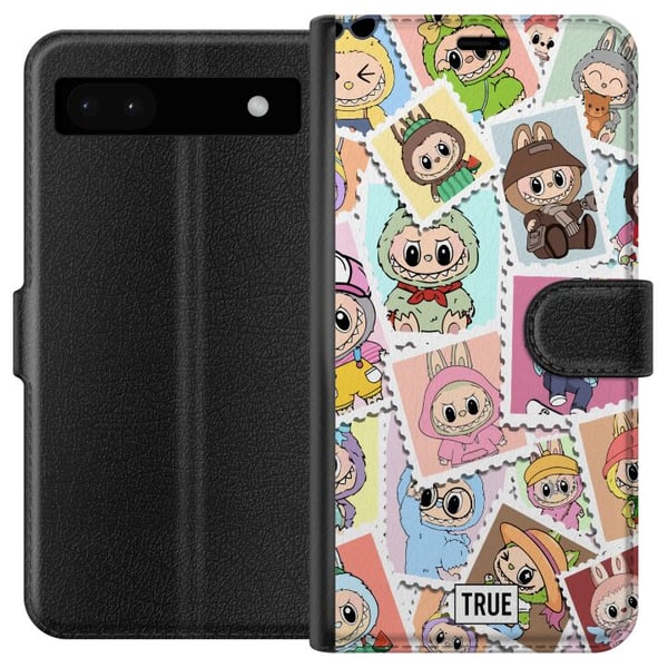 Yhteensopiva Lompakkokotelo Google Pixel 6a Cute Stamp Squad – söpö keräilyaihe, jossa on värikkäitä eläinasuihin pukeutuneita hahmoja ja leikkisä de