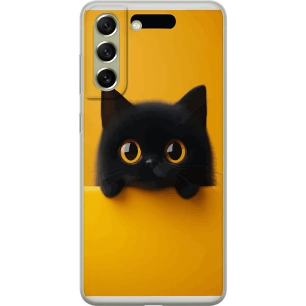 Kompatibel Mobilcover til Samsung Galaxy S21 FE 5G Sort kat, der kigger op over kanten – ren og trendy illustration med et legende udtryk og store øj
