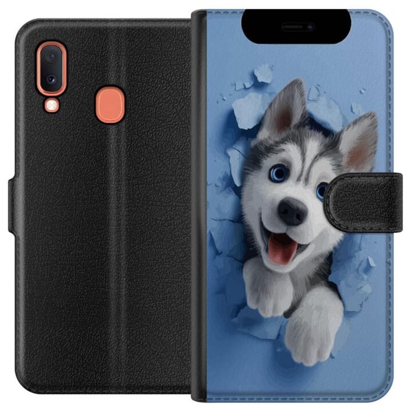 Kompatibelt Plånboksfodral till Samsung Galaxy A20e Söt huskyvalp med stora blå ögon tittar fram genom sönderbruten vägg i mjuk 3D-stil vilket skapar Kompatibelt Plånboksfodral till Samsung Galaxy A20e Söt huskyvalp med stora blå ögon tittar fram genom sönderbruten vägg i mjuk 3D-stil vilket skapar