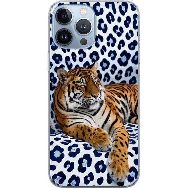 Kompatibel Mobilcover til Apple iPhone 13 Pro Max Tiger Chill Pattern-motiv med en tiger, der hviler mod en hvidblå mønstret baggrund i moderne desig