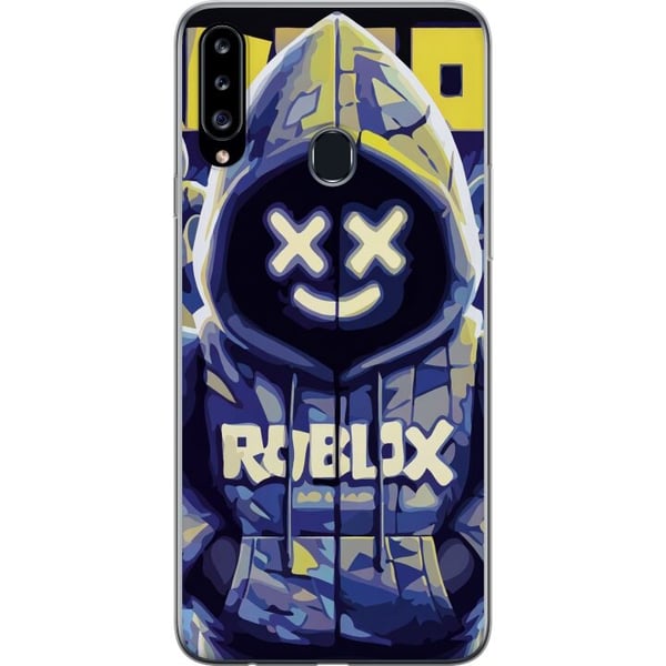Kompatibelt Mobilskal till Samsung Galaxy A20s Blå-gul Roblox-inspirerad hoodie-figur med mask och minimalistisk neonstil, stilren spelillustration f