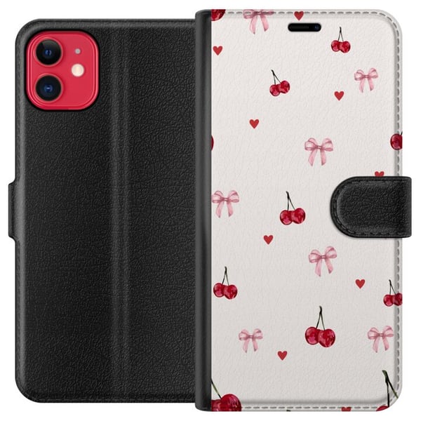 Kompatibelt Plånboksfodral till Apple iPhone 11 Cherry Hearts and Bows med körsbär rosa rosetter och hjärtan i charmig och gullig design