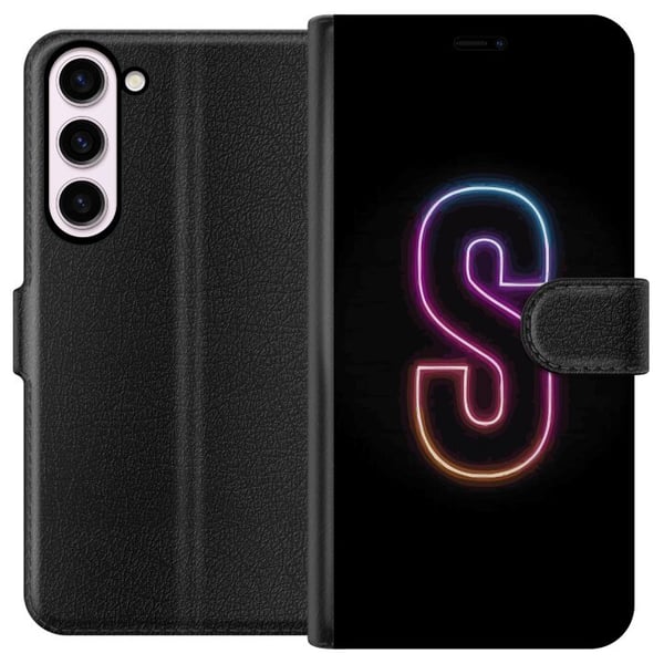 Kompatibel Tegnebogsetui til Samsung Galaxy S23+ Neonbogstavet S i rosa og blå toner mod mørk baggrund i retrofuturistisk design