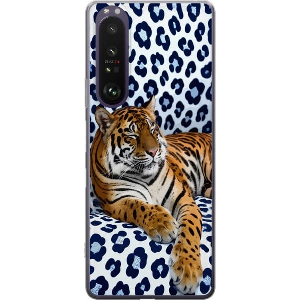 Kompatibel Mobilcover til Sony Xperia 1 III Tiger Chill Pattern-motiv med en tiger, der hviler mod en hvidblå mønstret baggrund i moderne design
