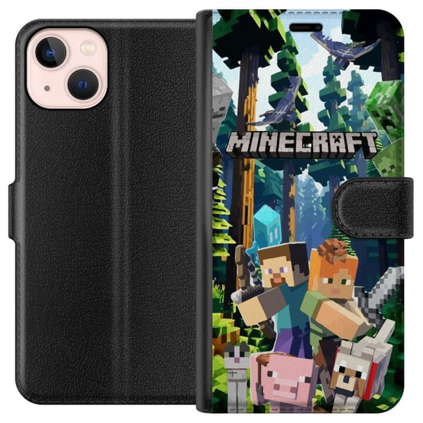 Kompatibelt Lommeboketui til Apple iPhone 13 mini Minecraft mobildeksel med skog og figurer i pikselstil Kompatibelt Lommeboketui til Apple iPhone 13 mini Minecraft mobildeksel med skog og figurer i pikselstil